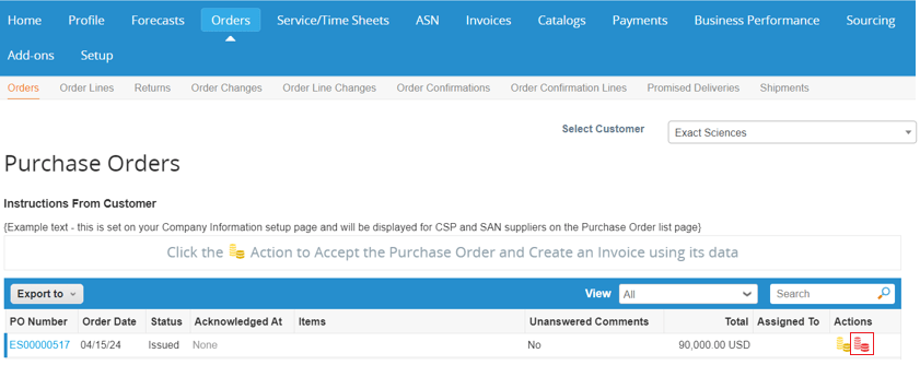 Screenshot of Purchase Orders page on Coupa Supplier Portal.